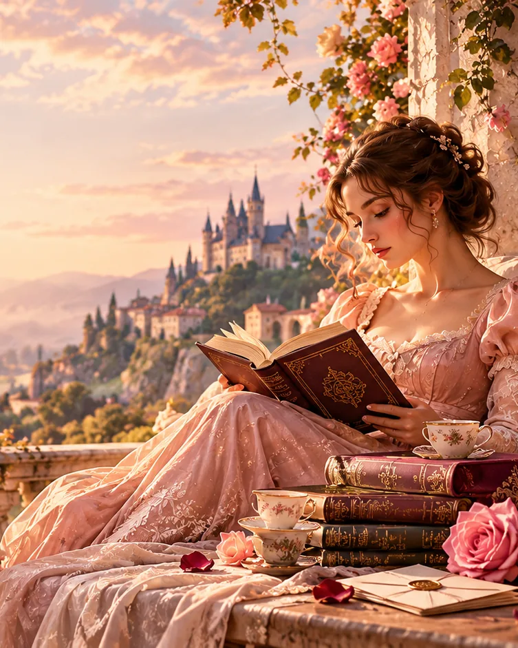 A painting of a woman reading on a rose-covered balcony at sunset, a castle on the hills beyond.
